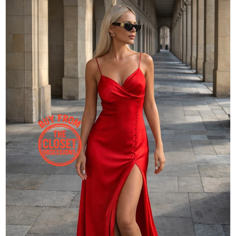 Zara Red Satin Midi Dress with Thigh Slit